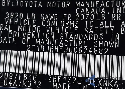 2016 Toyota Corolla Le из США, поврежденный, VIN 2T1BURHE9GC624882